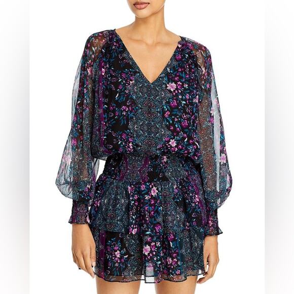 Ramy Brook Logan Floral Long Puff Sleeve 100% Silk Mini Dress Women’s Size Small - Picture 1 of 8